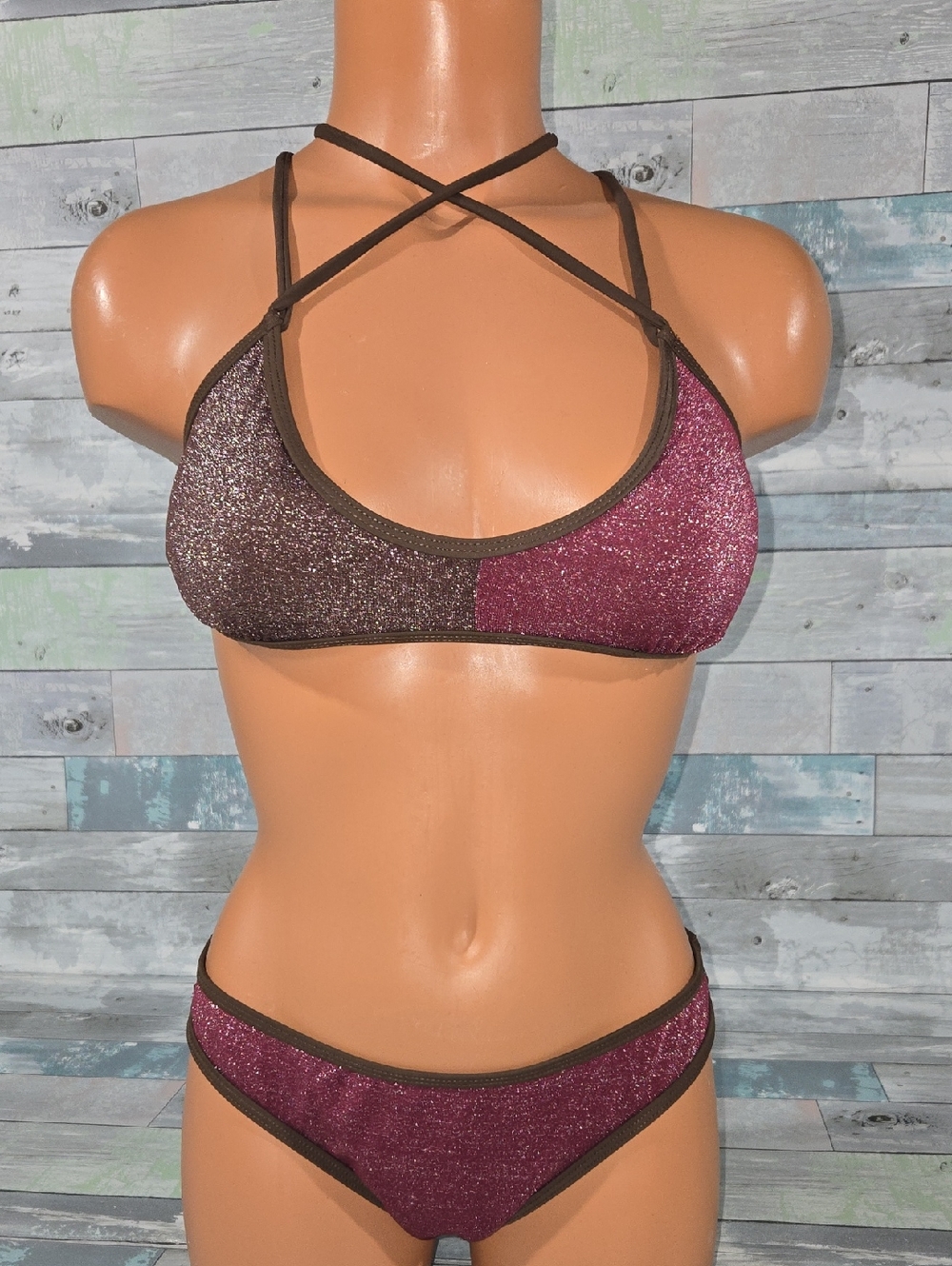 Araline Glitter Two-Tone Bikini Set in Plum & Chocolate Sz Small